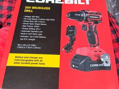 COREBILT 20V Max Brushless Cordless Drill - 3/8" Chuck, 45Nm Torque, Battery & Charger Included