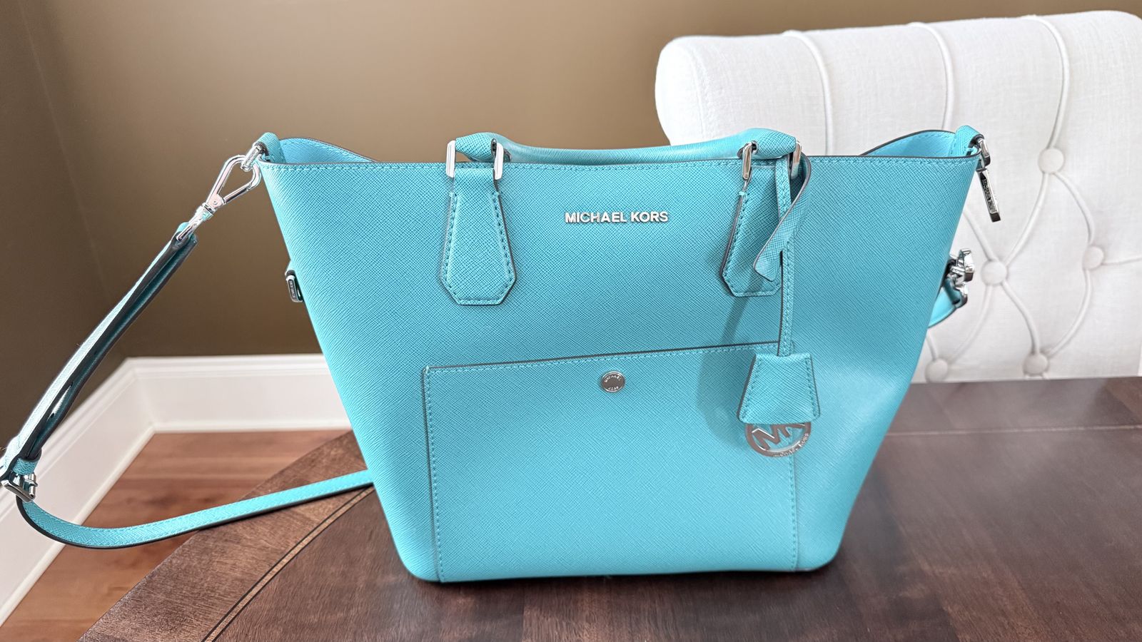 Michael Kors Jet Set Travel Turquoise Saffiano Leather Tote Crossbody Bag