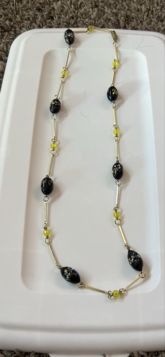 Vintage Black Floral & Yellow Beaded Gold Tone Necklace, 30-Inch Length