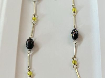 Vintage Black Floral & Yellow Beaded Gold Tone Necklace, 30-Inch Length