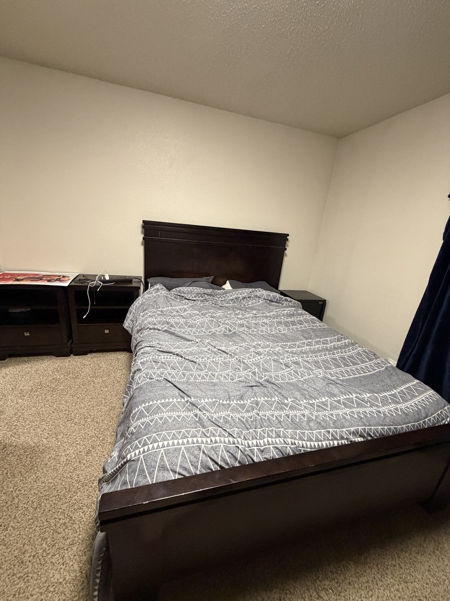 Dark Brown Queen Bedset, two night stands, dresser