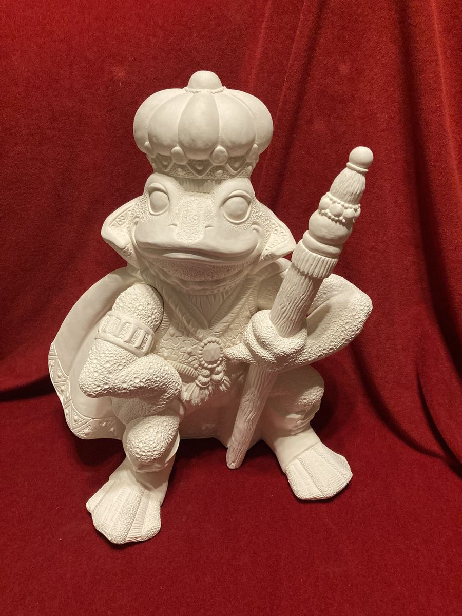Vintage Ceramic Bisque Frog King Ruler Of The Evergreen Kingdom Like New 16 Inch