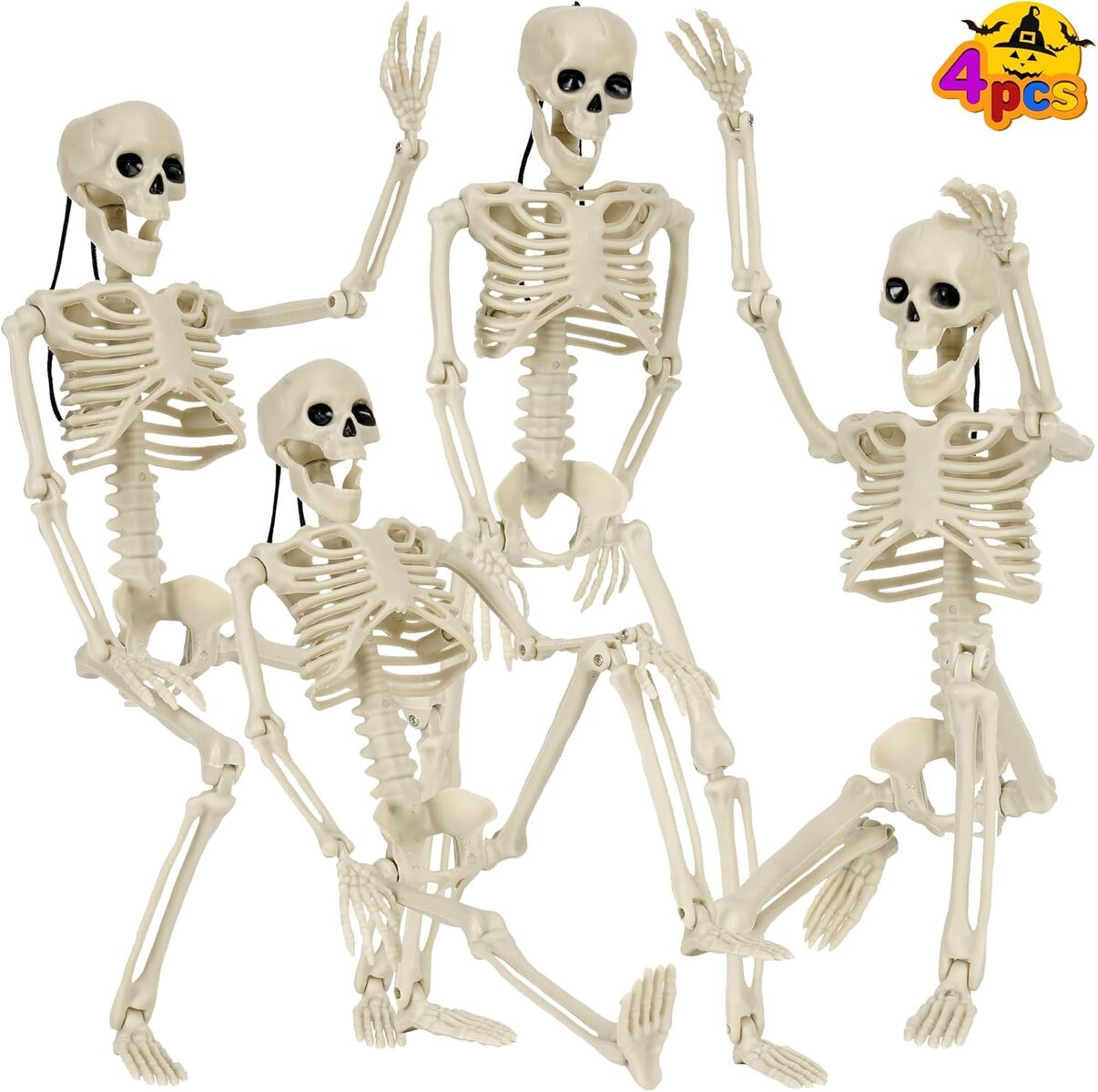 NEW 4Pcs Halloween Skeleton Decorations, 16" Full Body Mini Posable Skeleton with Movable Joints Halloween Decorations