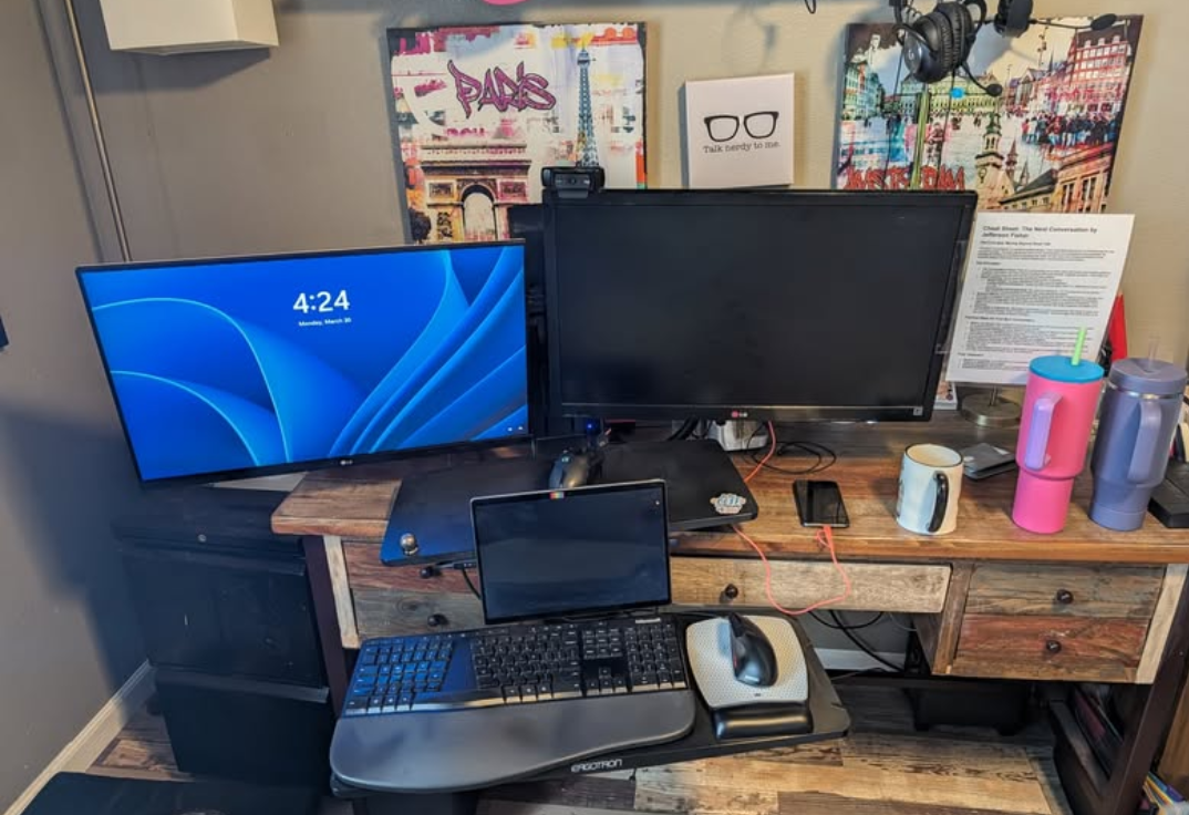 Ergotron WorkFit-A standing desk +  option. W0monitors