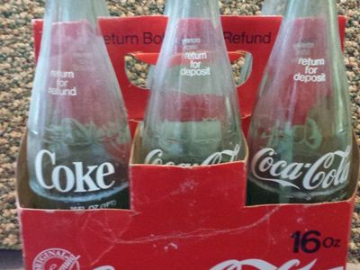 Vintage Coca-Cola Classic 16oz Glass Bottles in Original 6-Pack Carrier, Money Back Bottle
