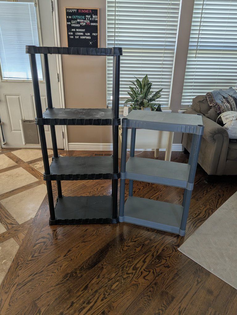 $15 for both: 2 Plastic Shelving Units - 4-Tier & 3-Tier  Storage Racks