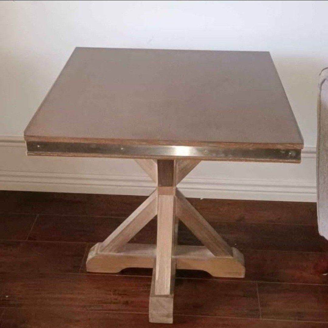 Wooden End Table with Metal Trim and Pedestal Base