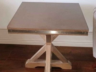 Wooden End Table with Metal Trim and Pedestal Base
