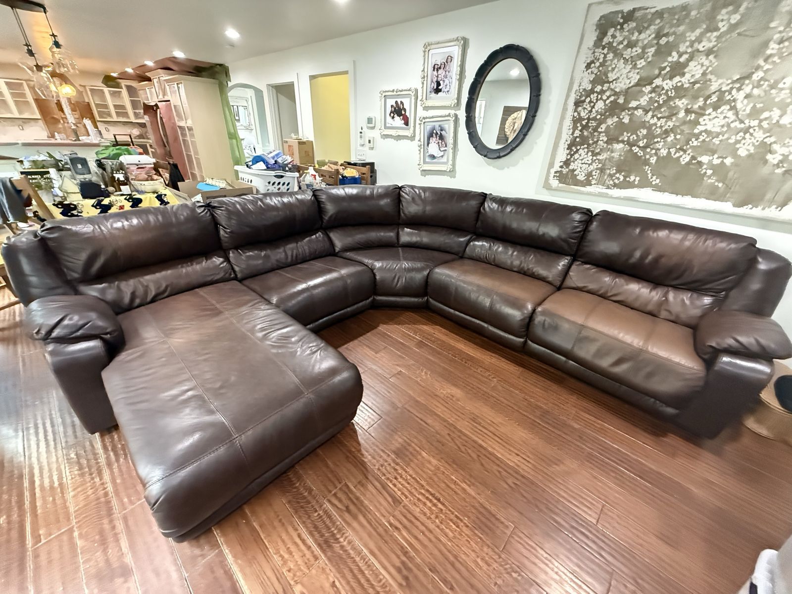 Brown Leather/Vinyl Sectional Sofa with Chaise Lounge and Recliner