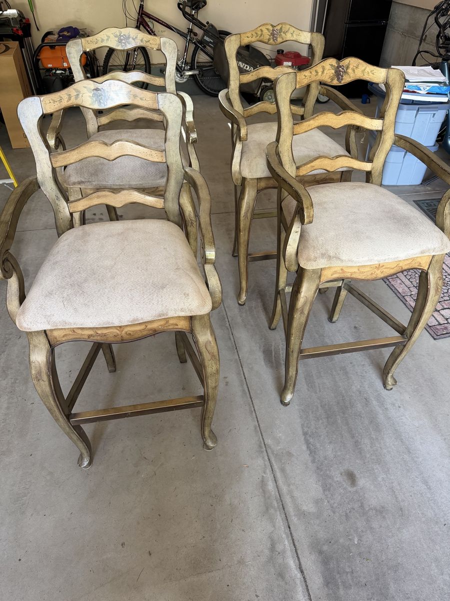 Set of 4  Bar Stools - Painted Wood, Upholstered Seats