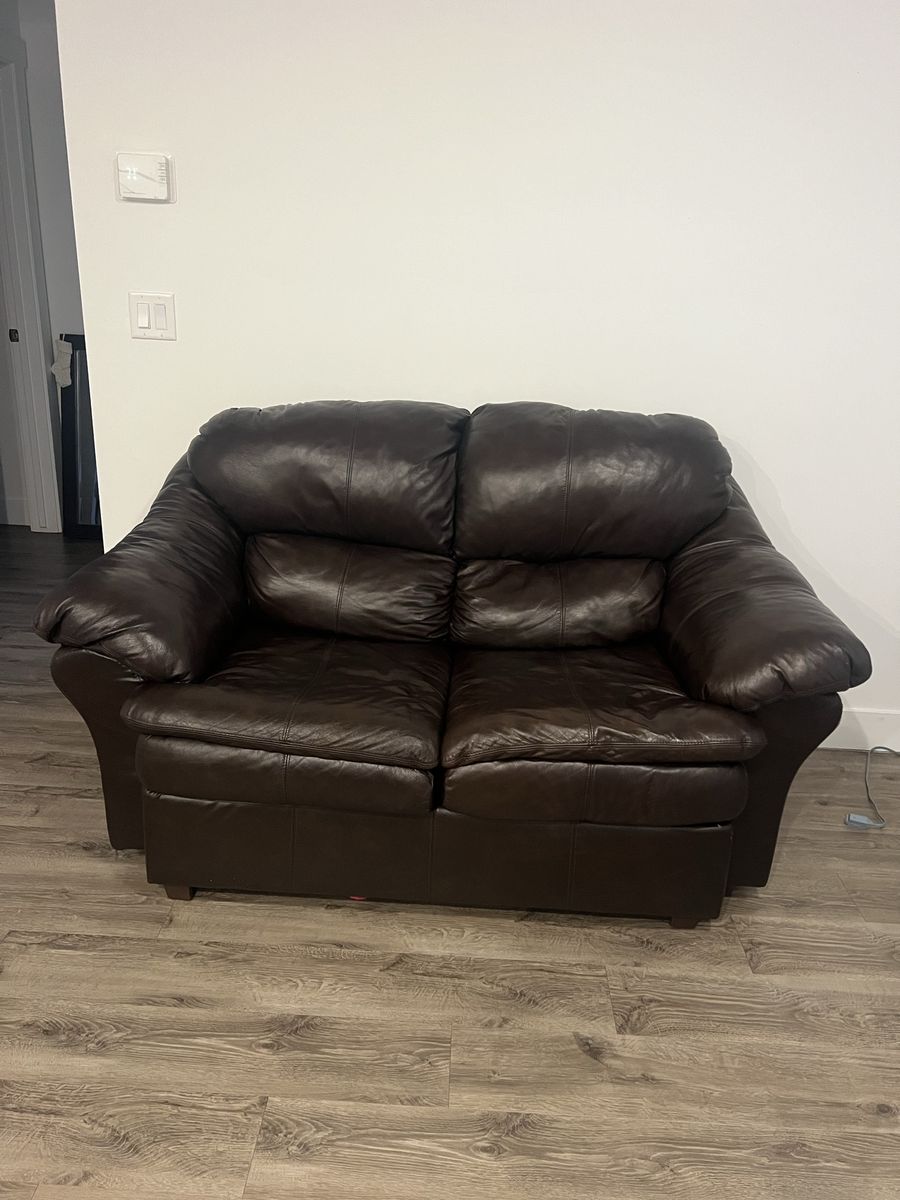 Brown leather loveseat