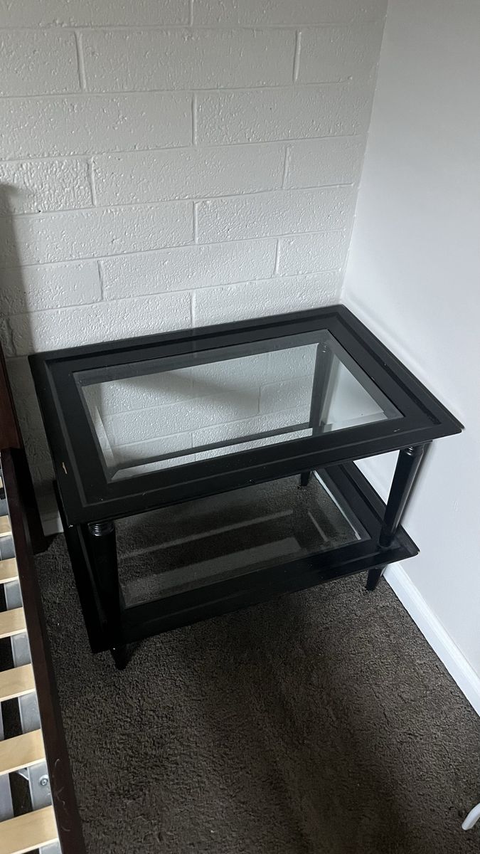 Black Glass Top Side Table / End Table with Storage Shelf