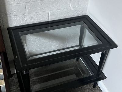 Black Glass Top Side Table / End Table with Storage Shelf