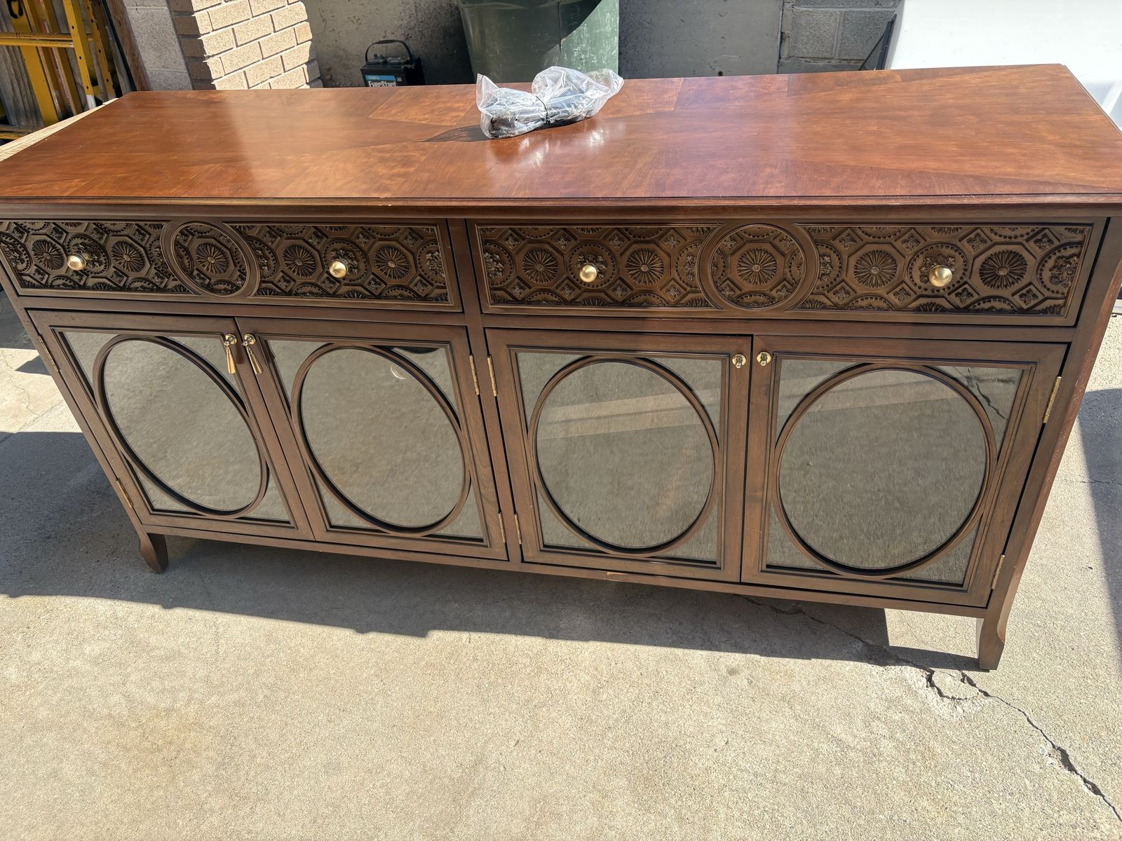 Ornate Wood Sideboard Buffet Console Cabinet with Mirrored Doors & Power Outlet