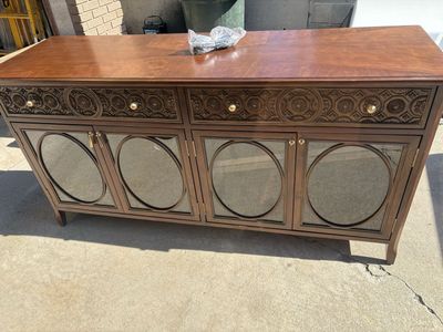 Ornate Wood Sideboard Buffet Console Cabinet with Mirrored Doors & Power Outlet
