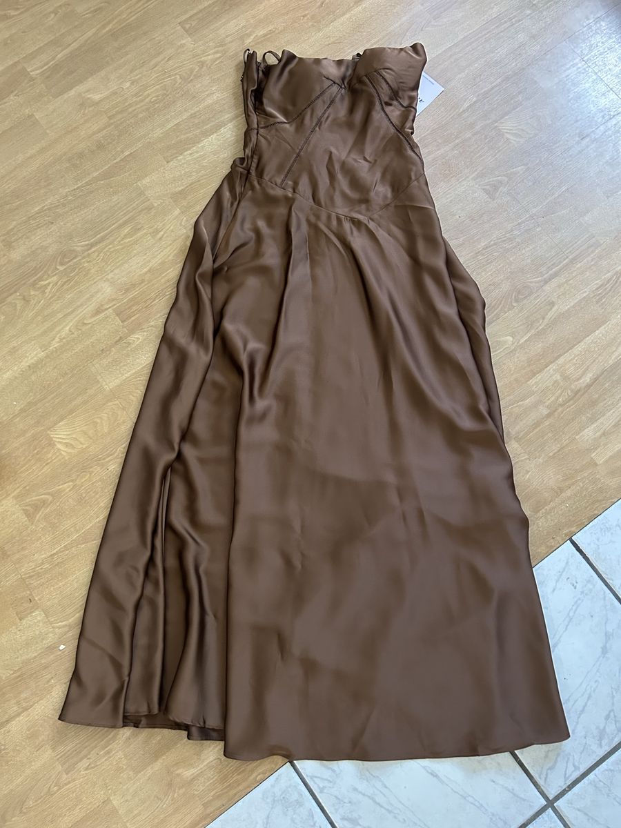 NWT Brown Satin Corset Maxi Dress Lace Up Fairy Goddess Costume Sz __