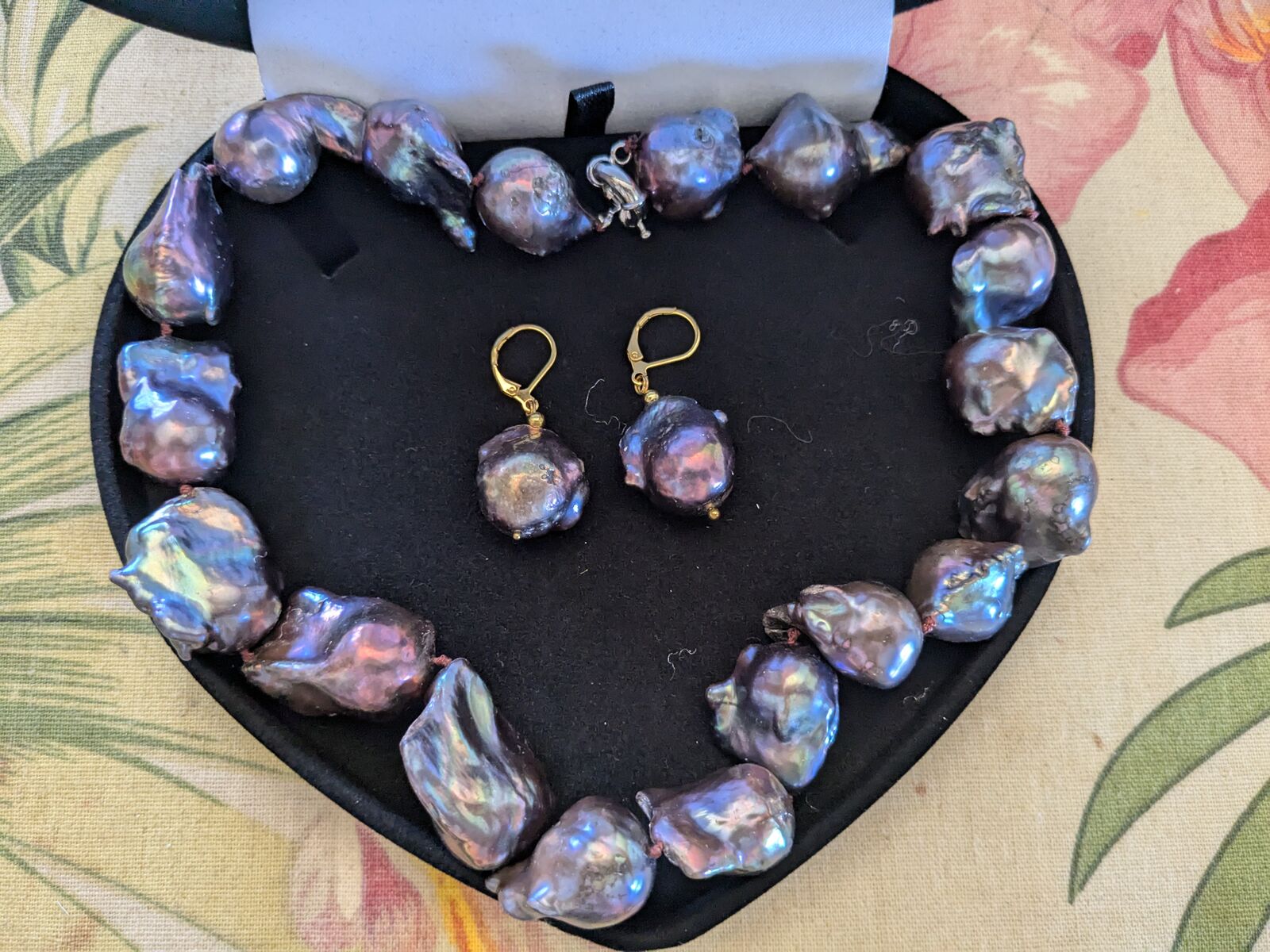 AAA 15-20mm Baroque Black (peacock) Pearl Necklace and Earrings with 14k clasps