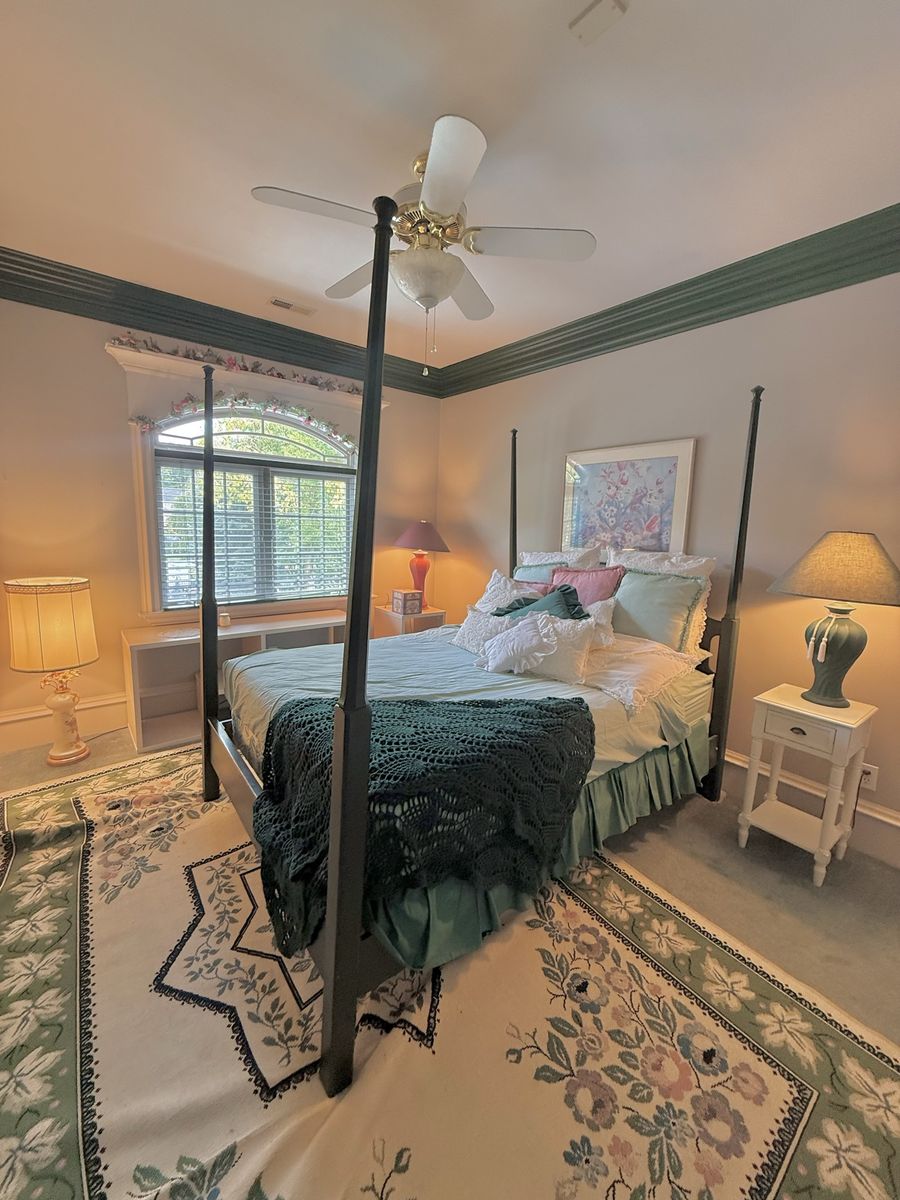 Green Wooden Bed Frame (Size Full), Desk w/ Chair, Armoire, and 2 Bed Side Tables