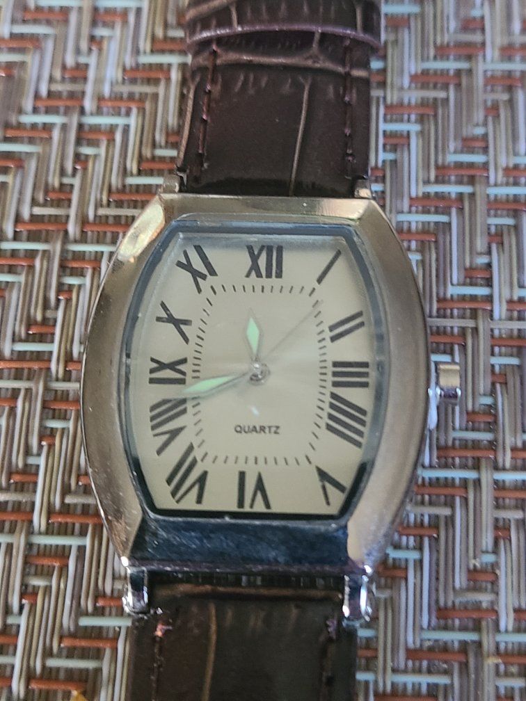 Unbranded Quartz Watch - Silver Tone Case, Roman Numerals, Brown Genuine Leather Band