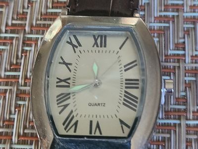 Unbranded Quartz Watch - Silver Tone Case, Roman Numerals, Brown Genuine Leather Band