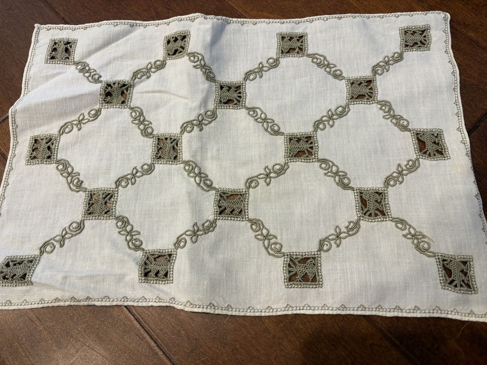 11 Vintage Linen Placemats w/ Gray Cut-Work