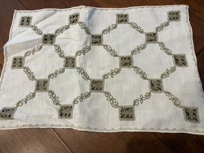 11 Vintage Linen Placemats w/ Gray Cut-Work
