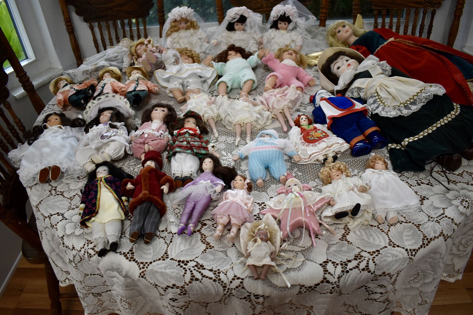 Several Assorted Vintage Porcelain Dolls From 21 In. Tall Down To 4 In. Tall-Some Can Be Used As Christmas Tree Ornaments