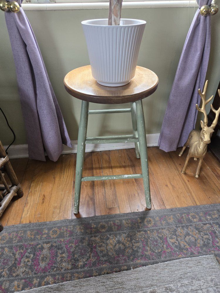 Rustic Green & Wood Round Bar Stool - Distressed Farmhouse Style, plant stand