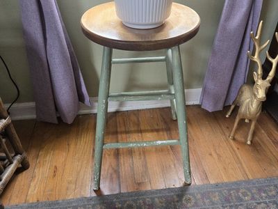 Rustic Green & Wood Round Bar Stool - Distressed Farmhouse Style, plant stand
