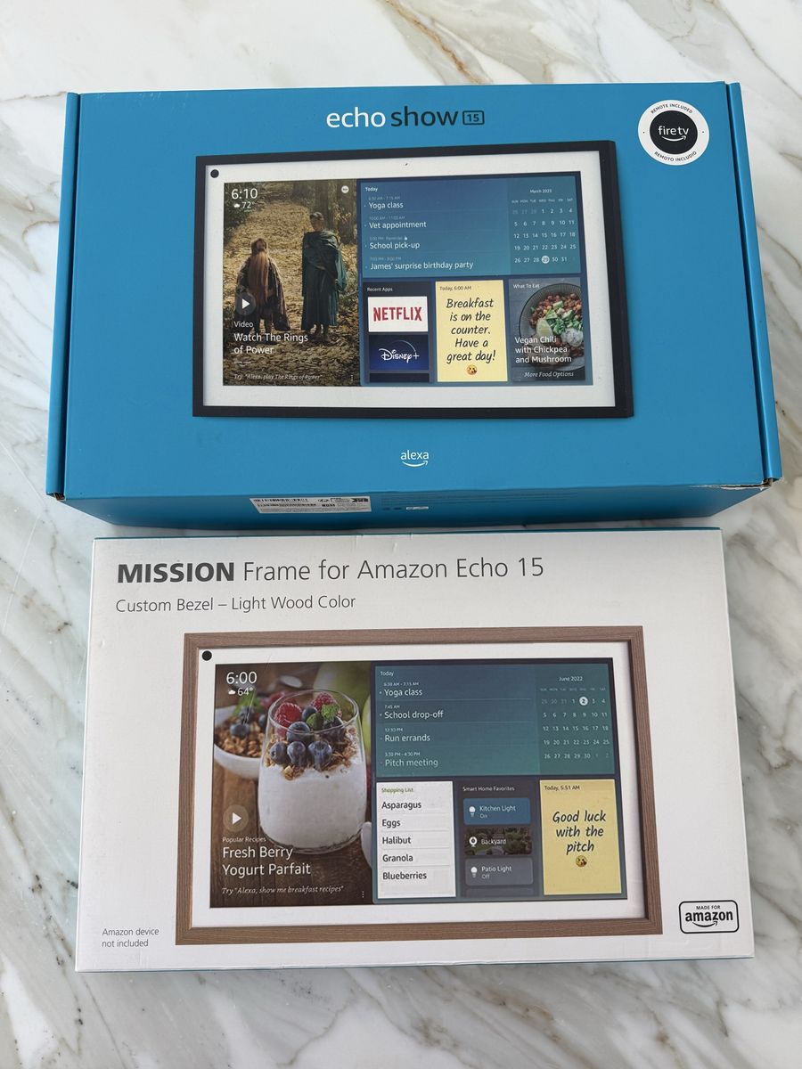 Amazon Echo Show 15 with Remote + Mission Wood Frame