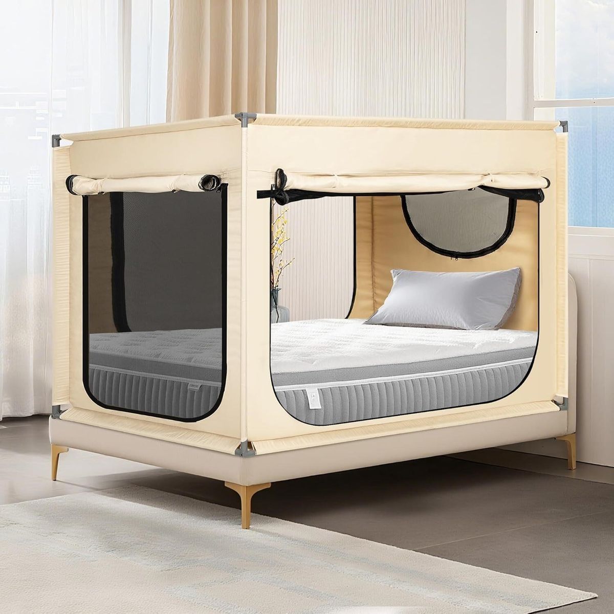 Portable Canopy Blackout Twin Bed Privacy Tent for Adult Indoor Sleeping with 3 Doors, Storage Bag