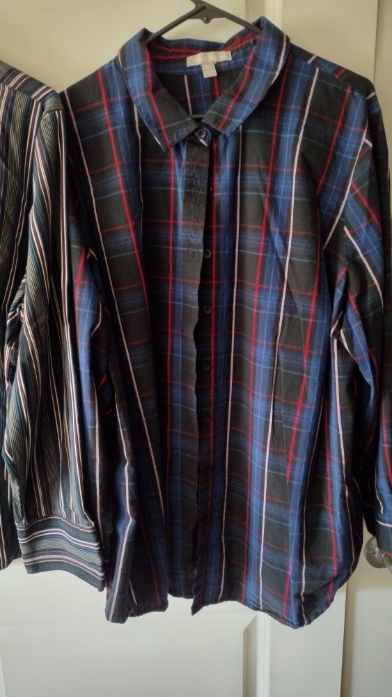 Woman Within Women's Plus Size 2X (26/28) Blue Red Plaid Button-Up Shirt Long Sleeve