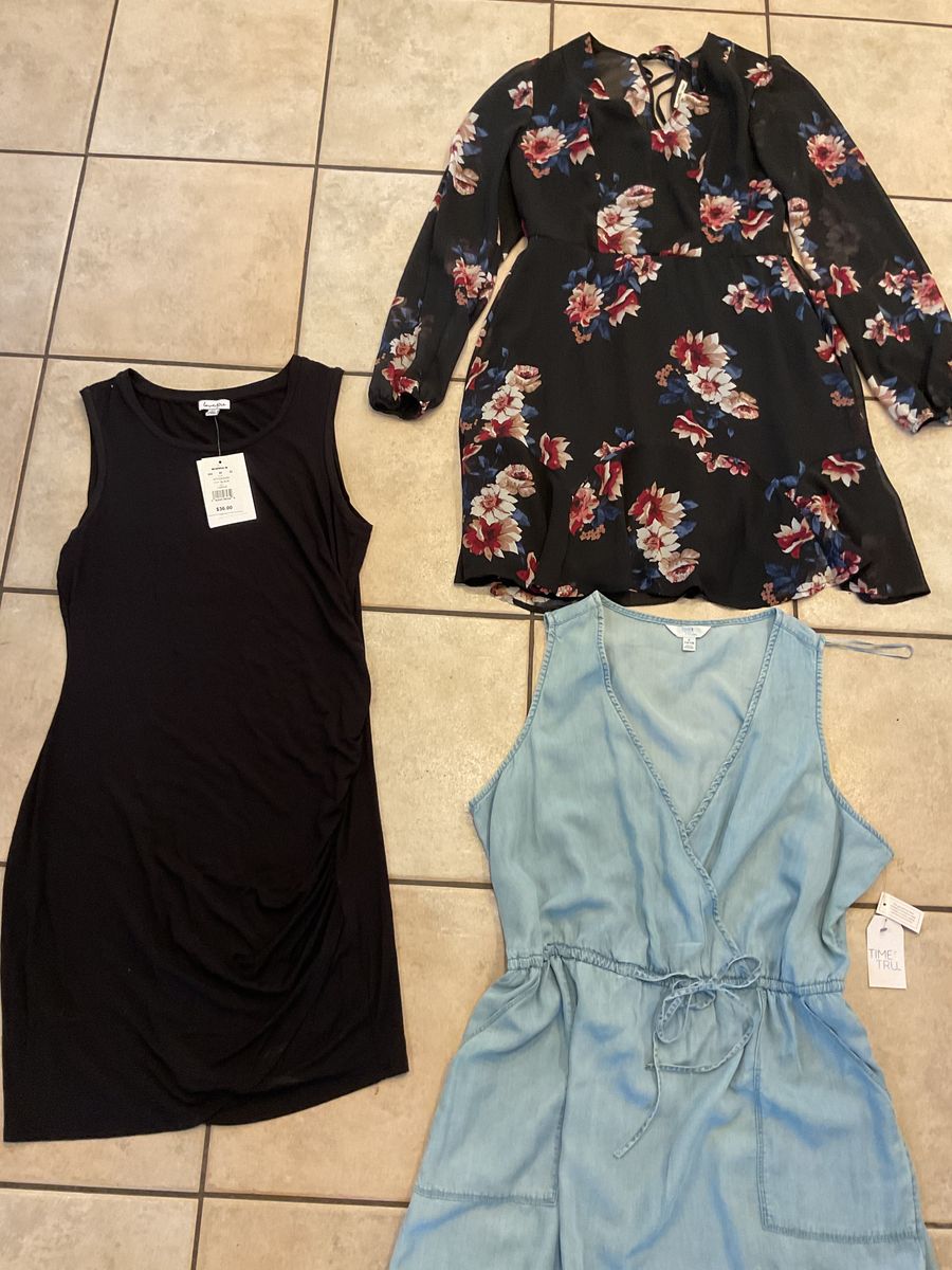 3 Size Large Dresses, 2 Are New. Black Floral Is Dress Barn Worn Once