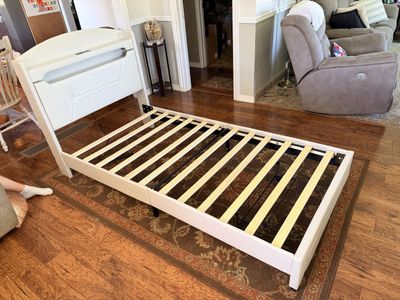 Upholstered Bed Frame with Storage Headboard and Built-In Charging Station Frame