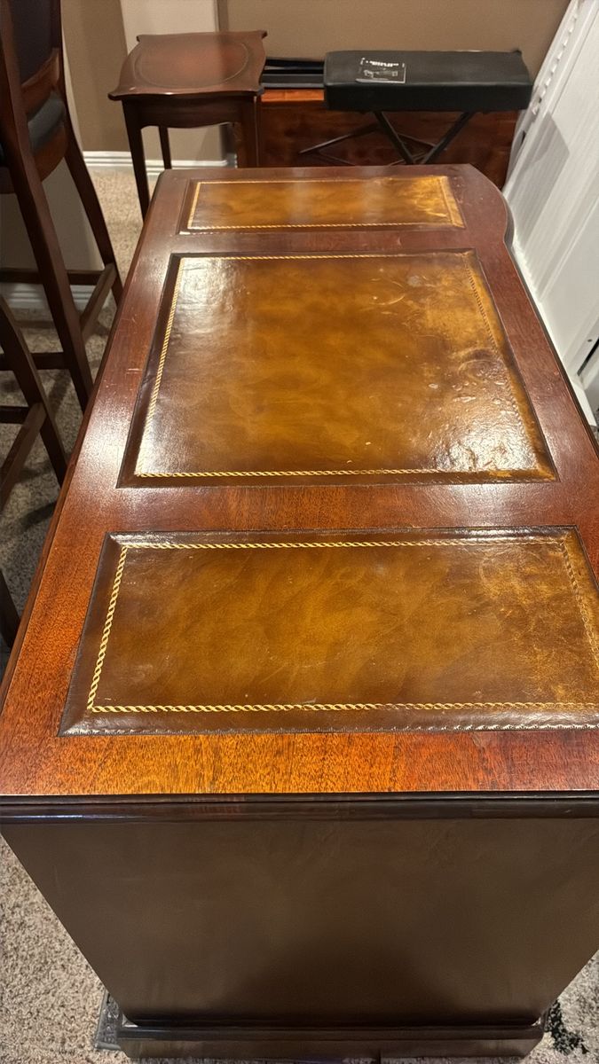 Antique Wood Desk with Leather Inlay Top - Vintage Office Furniture