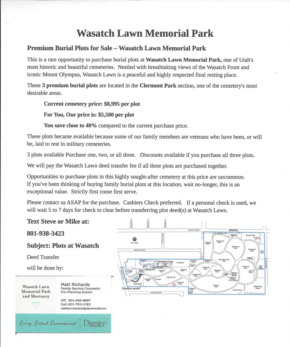 Premium Burial Plots w/Extras for Sale – Wasatch Lawn Memorial Park - Salt Lake City Highland Drive Location 