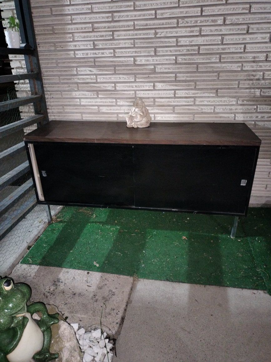 Vintage Mid-Century Modern Low Profile Cabinet with Sliding Doors - Black & Wood Grain