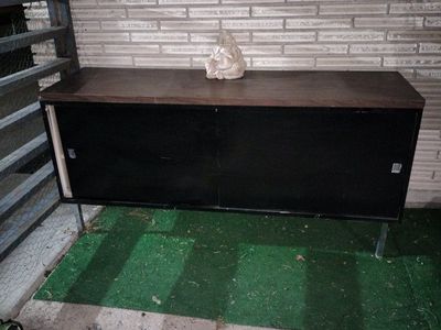 Vintage Mid-Century Modern Low Profile Cabinet with Sliding Doors - Black & Wood Grain