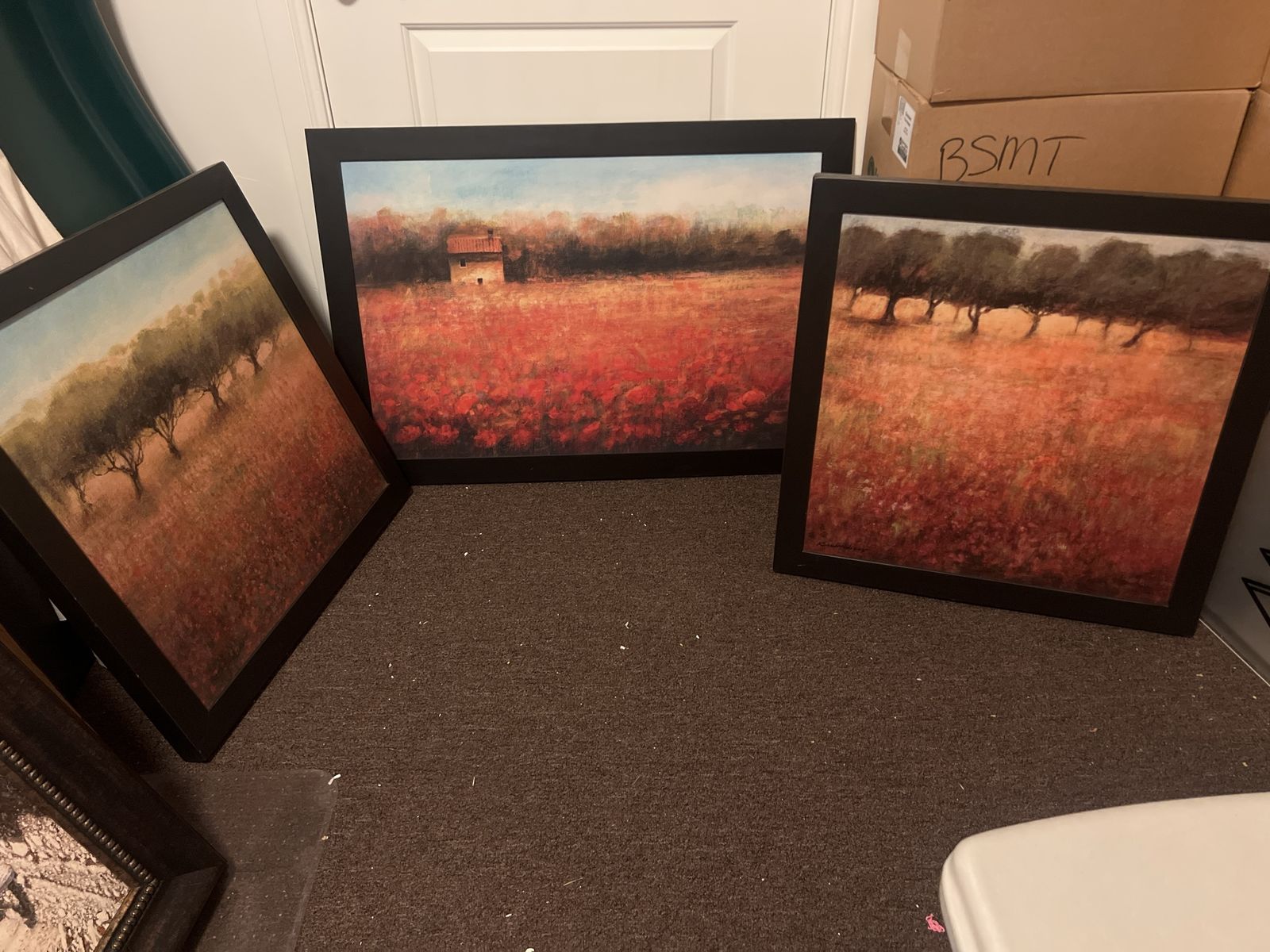 Set of 3 Framed Landscape Art Prints - Rustic Farmhouse Field & Trees Wall Decor