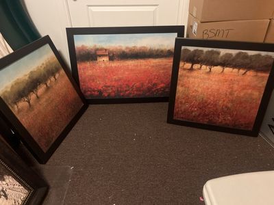 Set of 3 Framed Landscape Art Prints - Rustic Farmhouse Field & Trees Wall Decor