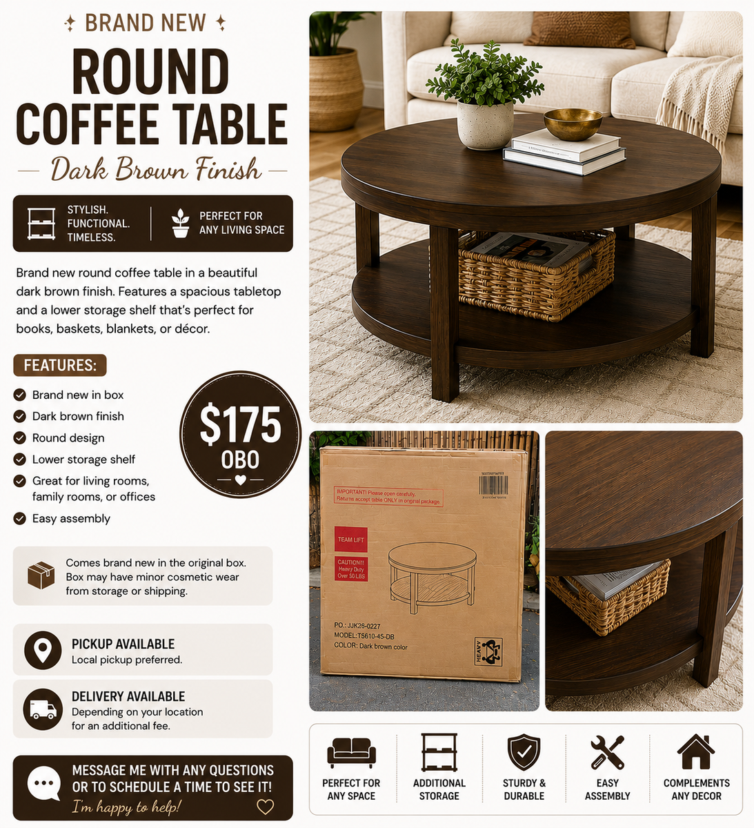 Brand New Round Coffee Table – Dark Brown