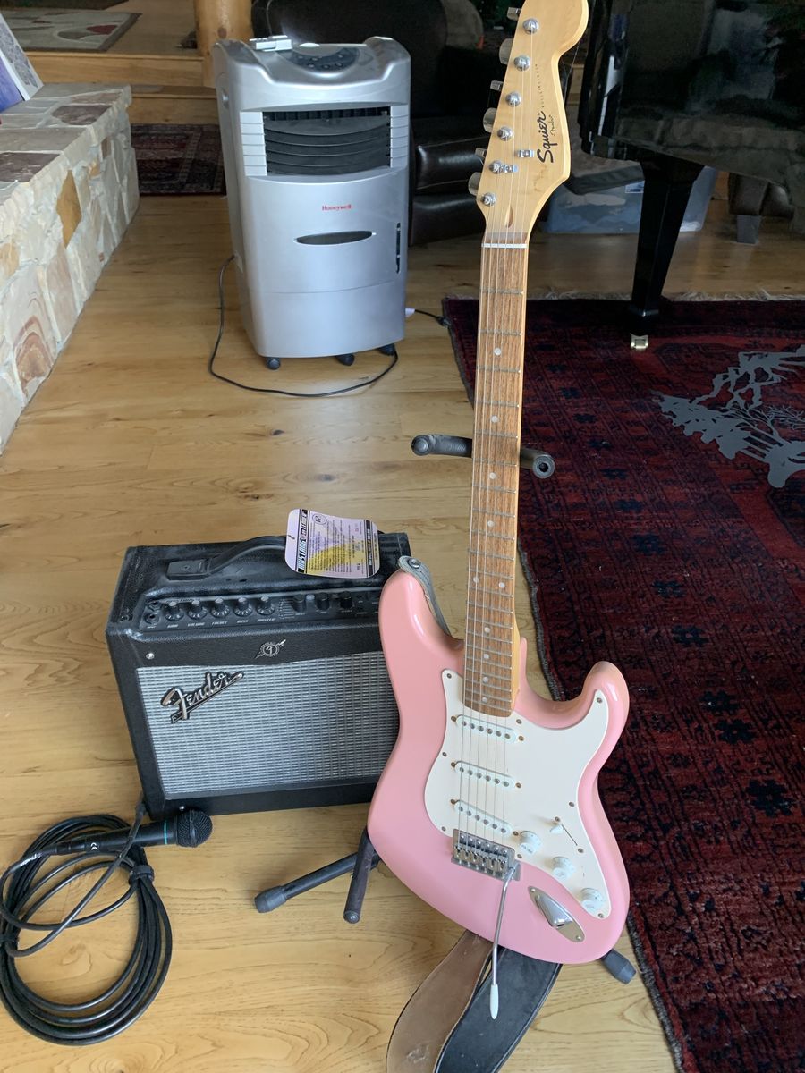 Squier Bullet Stratocaster Electric Guitar (Pink) with Fender Frontman Amp & Accessories