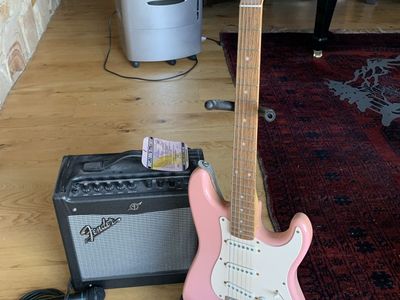 Squier Bullet Stratocaster Electric Guitar (Pink) with Fender Frontman Amp & Accessories