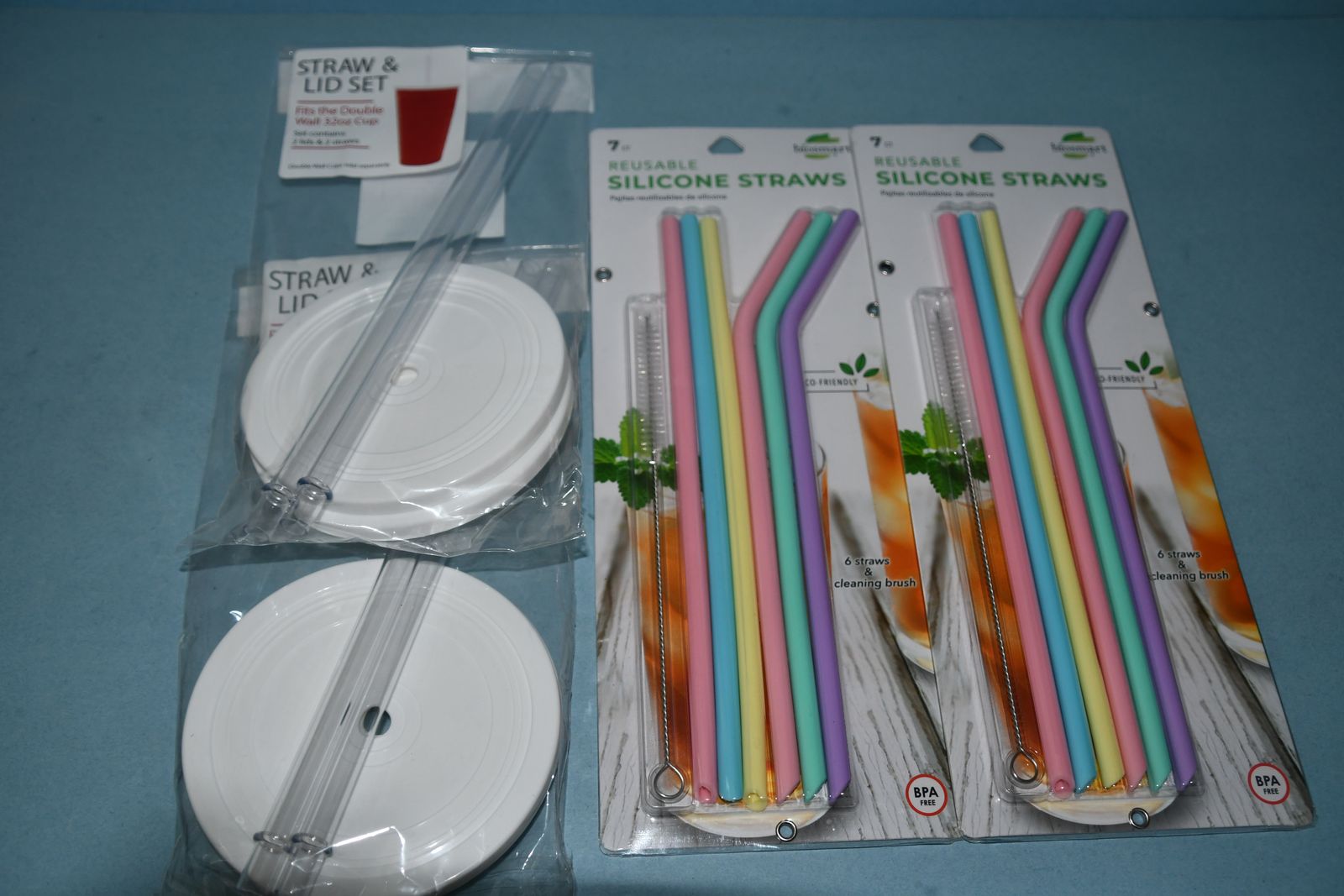 12 NEW REUSABLE SILICONE STRAWS + 2 NEW BOTTLE BRUSHES + 2 NEW STRAW & LID SETS ~ ALL FOR $5