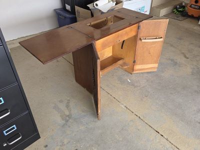 Vintage Wooden Sewing Machine Cabinet with Carved Doors - Mid-Century Style