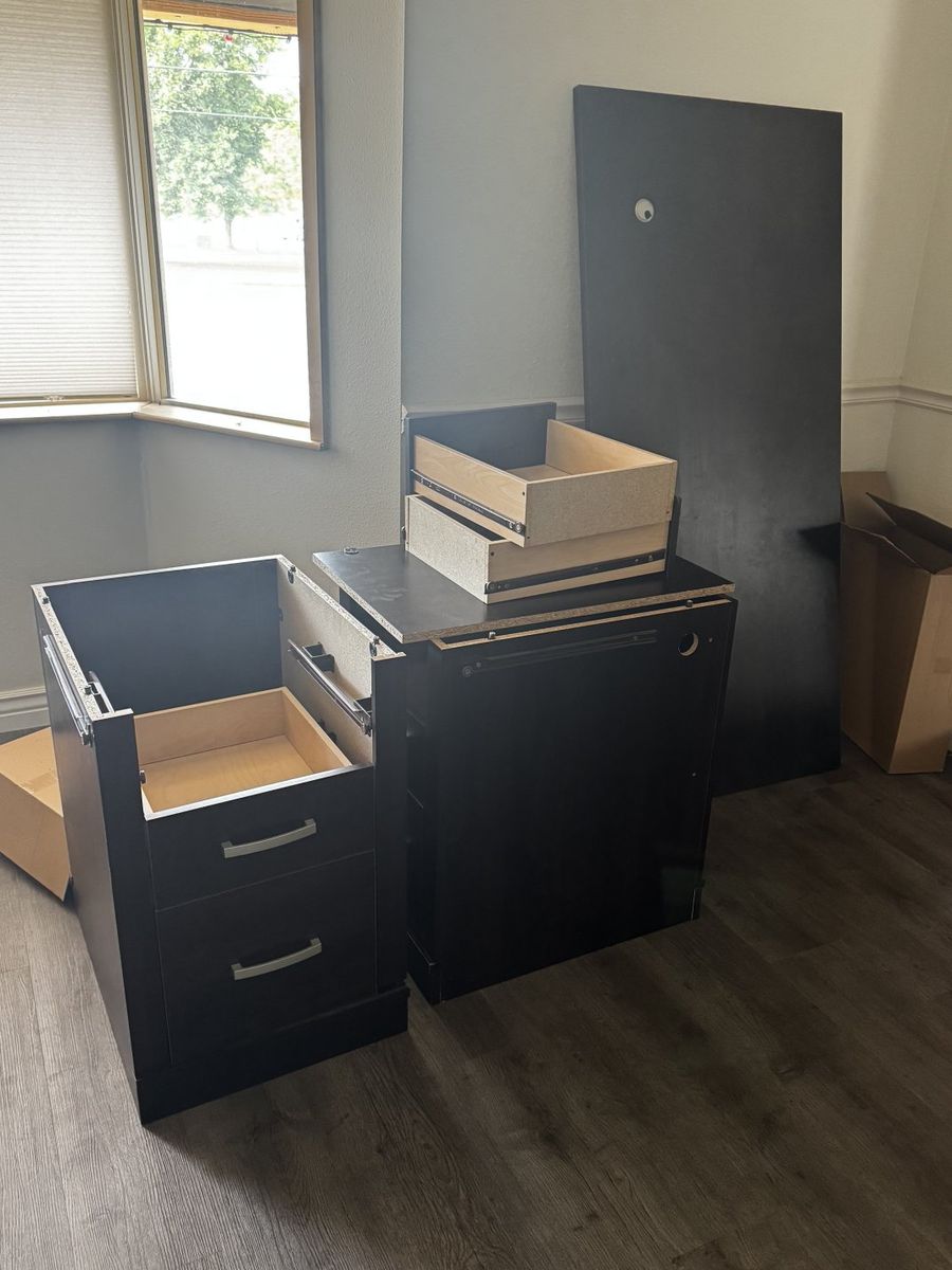 Black Wooden Office Desk with Drawer Cabinets - Used Condition