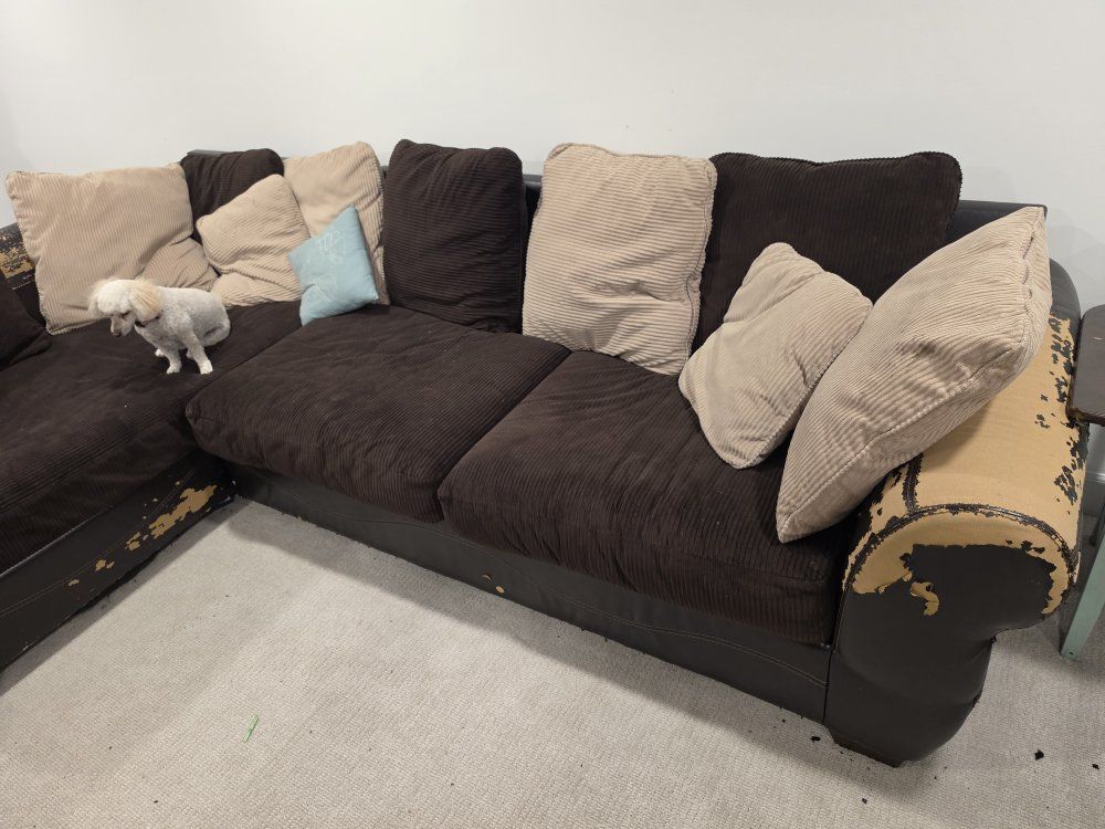 Brown Corduroy L-Shaped Sectional Sofa with Chaise and Throw Pillows