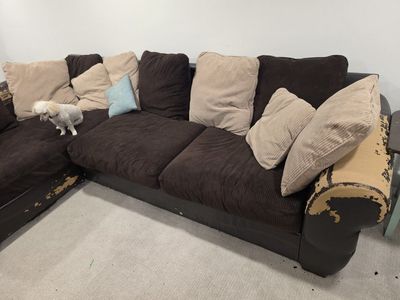 Brown Corduroy L-Shaped Sectional Sofa with Chaise and Throw Pillows