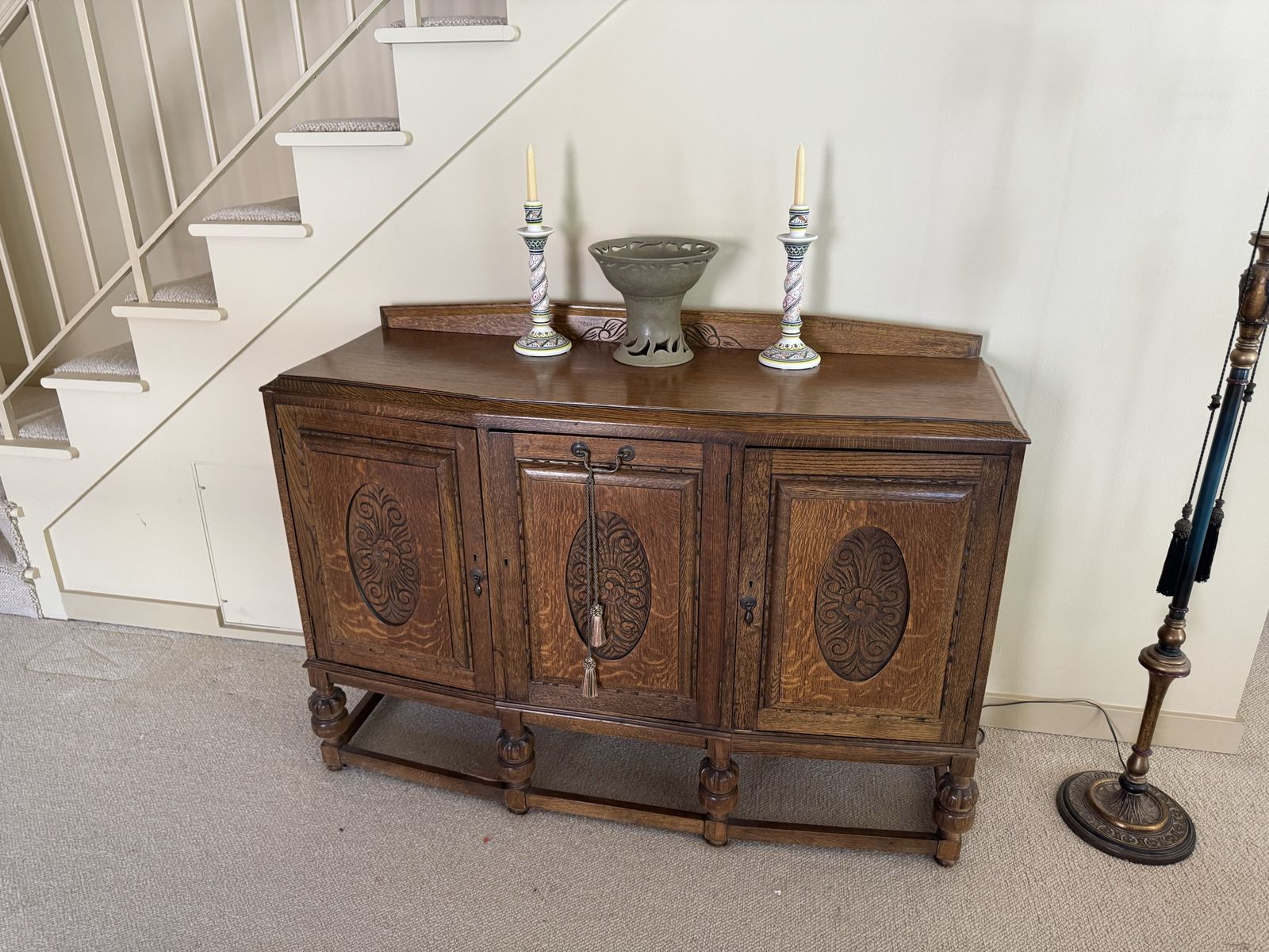 Antique Oak Sideboard Buffet Carved Mid Century Vintage Dining Room Furniture