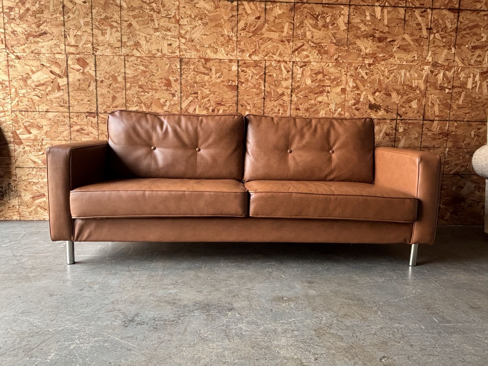 77” Mid-Century Modern Caramel Faux Leather Sofa